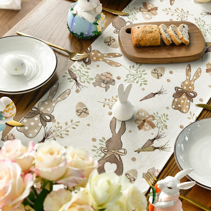 Bunny Rabbit Eucalyptus Eggs Carrots Easter Table Runner, Seasonal Spring Kitchen Dining Table Decoration for Home Party Decor 13x72 Inch