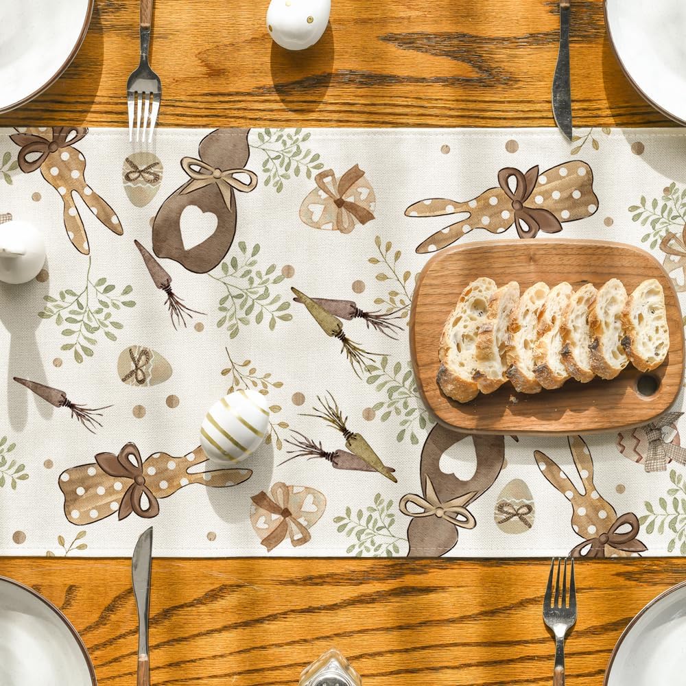 Bunny Rabbit Eucalyptus Eggs Carrots Easter Table Runner, Seasonal Spring Kitchen Dining Table Decoration for Home Party Decor 13x72 Inch