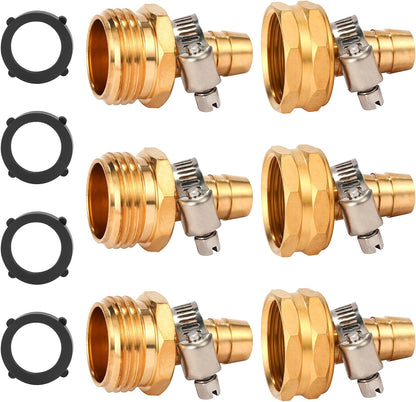 Brass Garden Hose Connector Repair Mender Kit with Stainless Clamp,Fits 1/2" Water Hose Fitting,3 Sets(1/2" Barb x 3/4" GHT)