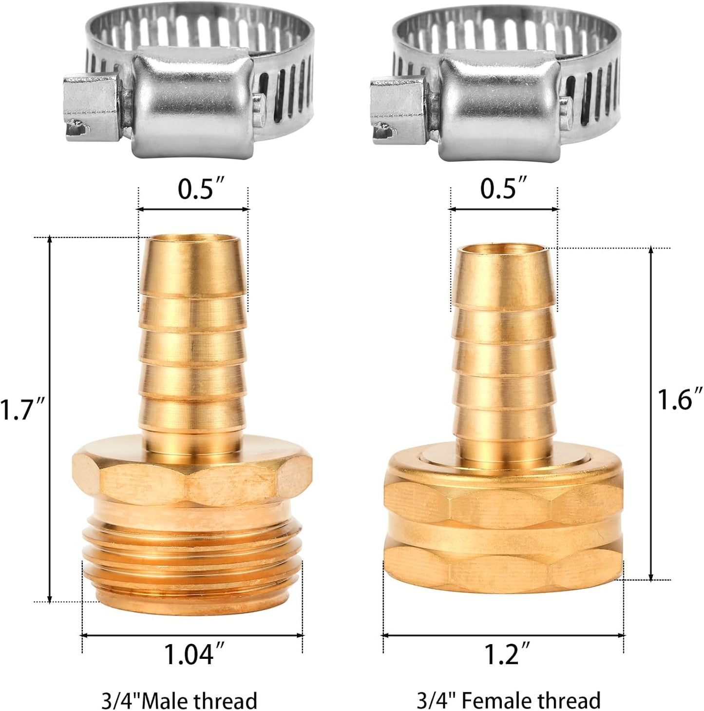 Brass Garden Hose Connector Repair Mender Kit with Stainless Clamp,Fits 1/2" Water Hose Fitting,3 Sets(1/2" Barb x 3/4" GHT)