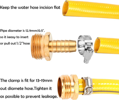 Brass Garden Hose Connector Repair Mender Kit with Stainless Clamp,Fits 1/2" Water Hose Fitting,3 Sets(1/2" Barb x 3/4" GHT)