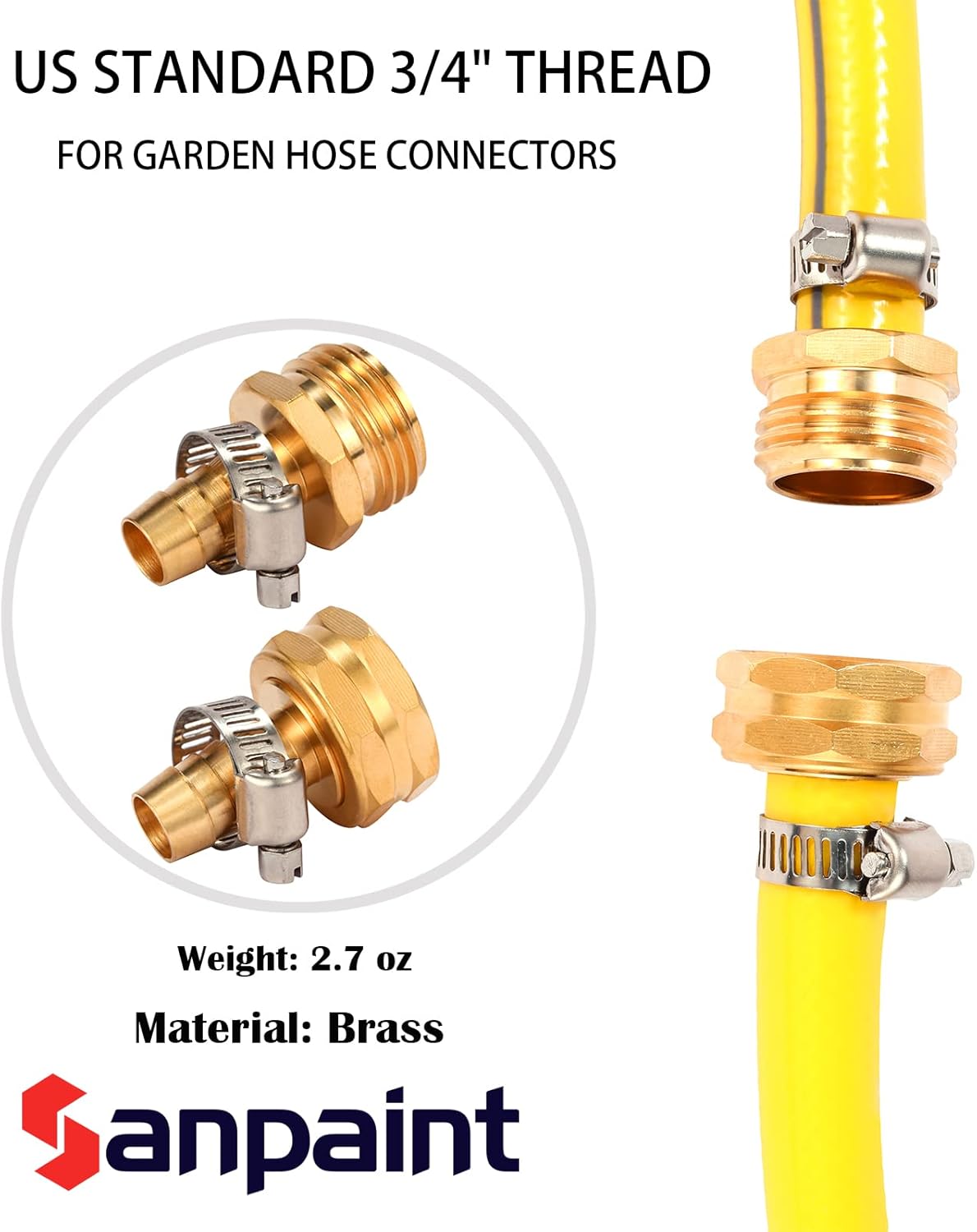 Brass Garden Hose Connector Repair Mender Kit with Stainless Clamp,Fits 1/2" Water Hose Fitting,3 Sets(1/2" Barb x 3/4" GHT)