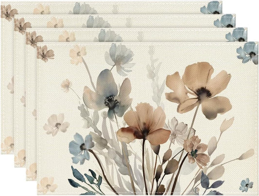 Brown Poppy Floral Leaves Fall Placemats Set of 4, 12x18 Inch Seasonal Spring Table Mats for Party Kitchen Dining Decoration
