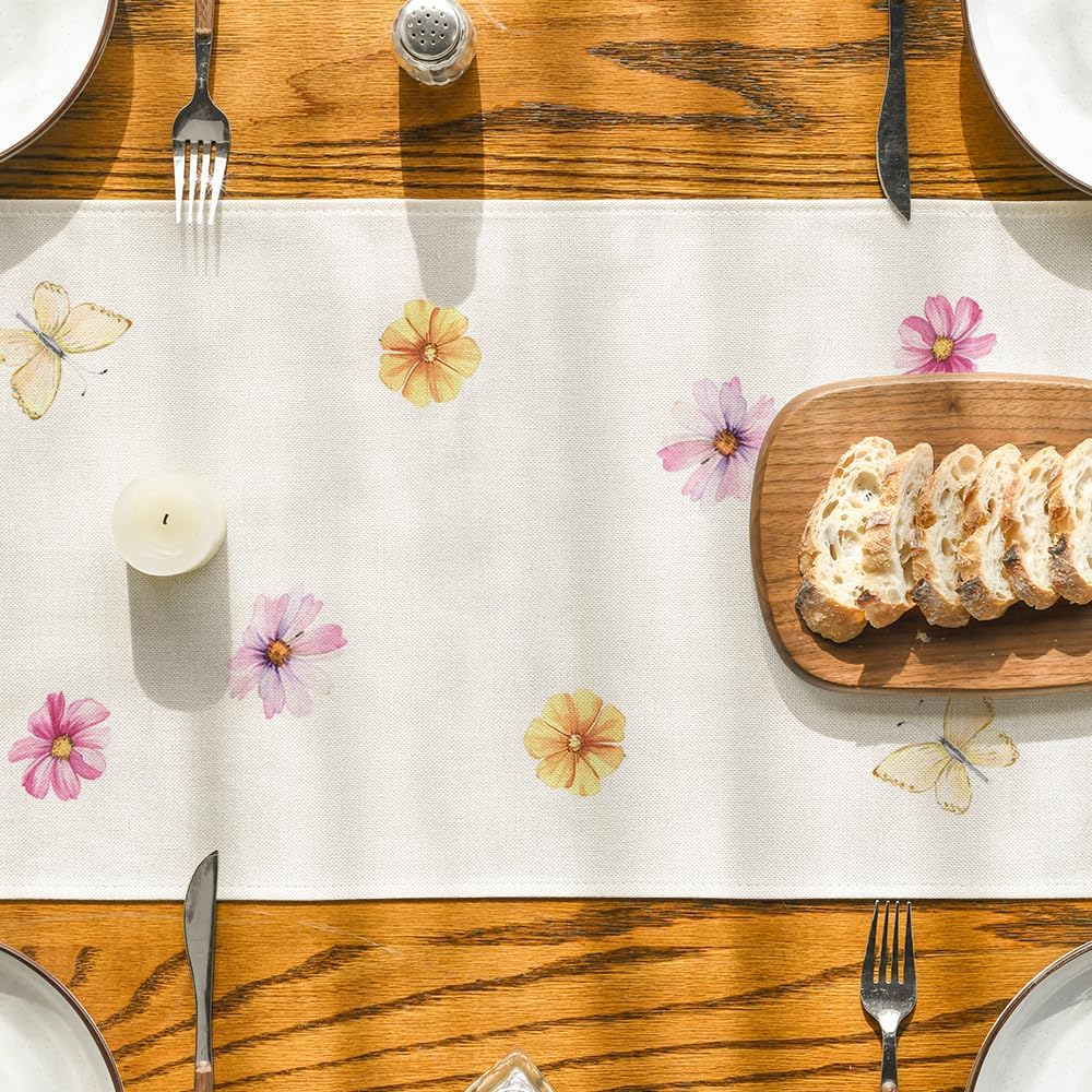 Flowers Butterfly Spring Table Runner, Seasonal Summer Kitchen Dining Table Decoration for Home Party Decor 13x72 Inch