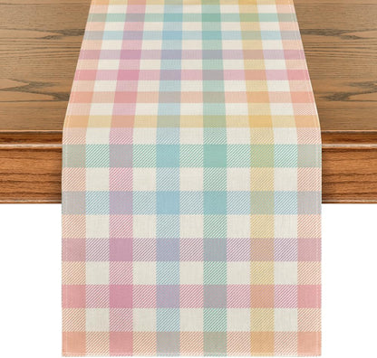 Blue Pink Yellow Buffalo Plaid Easter Table Runner, Daily Holiday Check Kitchen Dining Table Decoration for Home Party Outdoor 13x72 Inch