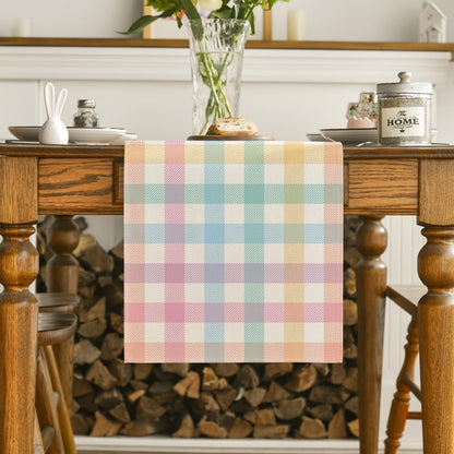 Blue Pink Yellow Buffalo Plaid Easter Table Runner, Daily Holiday Check Kitchen Dining Table Decoration for Home Party Outdoor 13x72 Inch