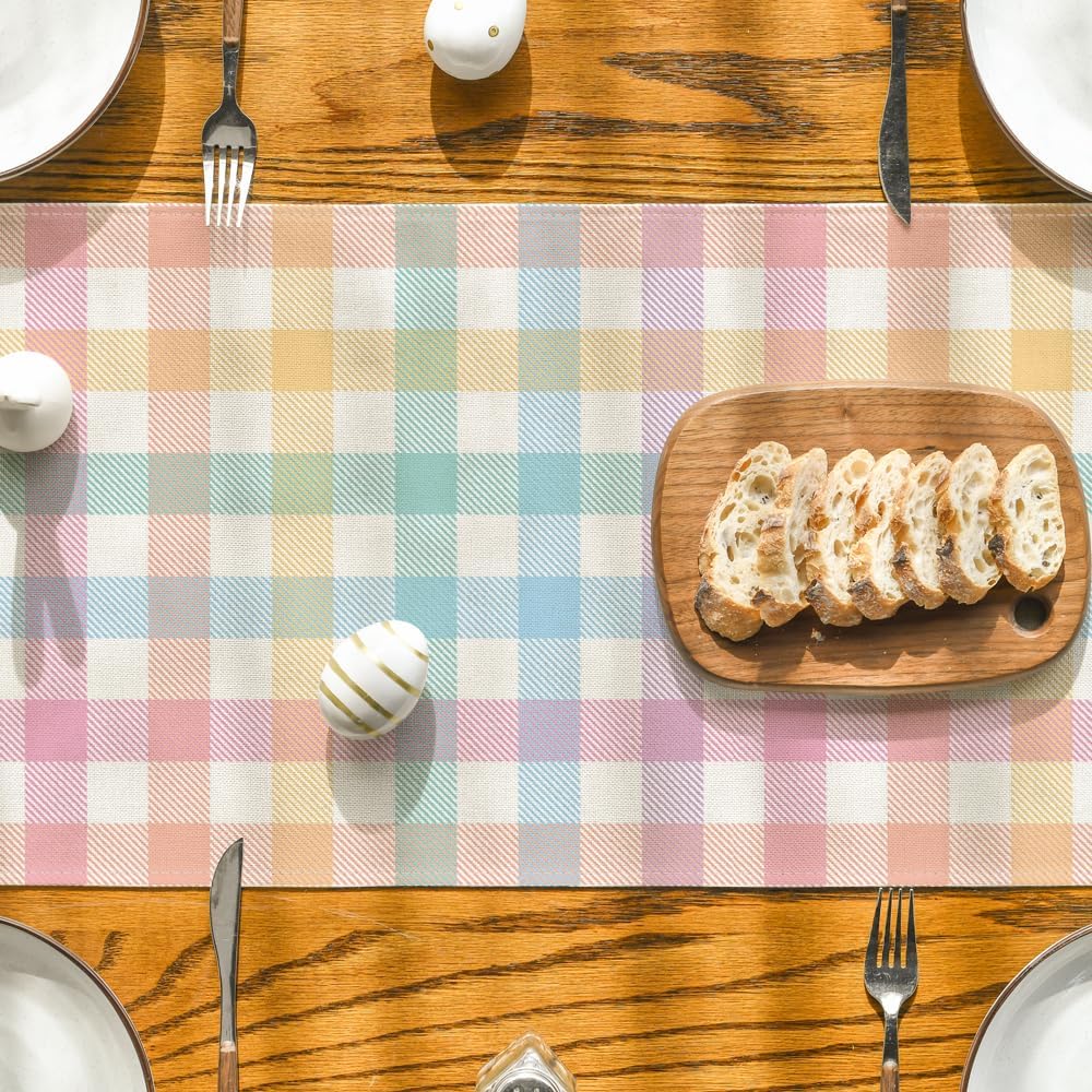 Blue Pink Yellow Buffalo Plaid Easter Table Runner, Daily Holiday Check Kitchen Dining Table Decoration for Home Party Outdoor 13x72 Inch
