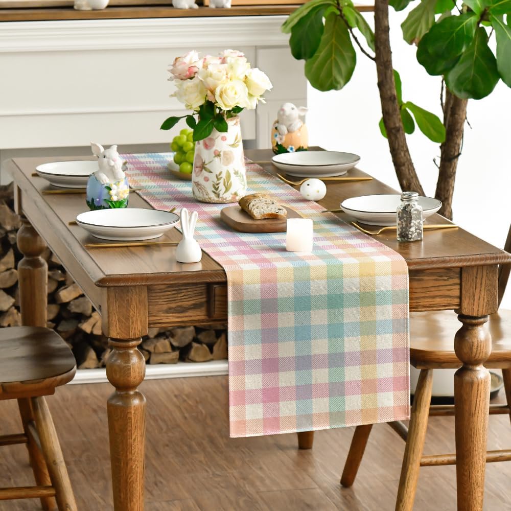 Blue Pink Yellow Buffalo Plaid Easter Table Runner, Daily Holiday Check Kitchen Dining Table Decoration for Home Party Outdoor 13x72 Inch