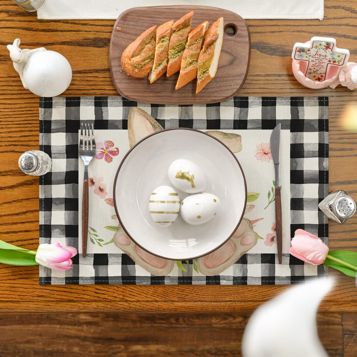 Buffalo Plaid Bunny Ear Foot Flower Easter Placemats Set of 4, 12x18 Inch Seasonal Spring Table Mats for Party Kitchen Dining Decoration