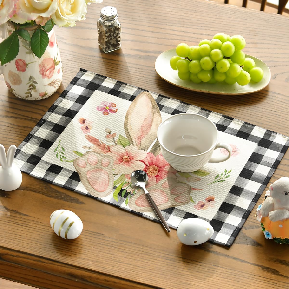 Buffalo Plaid Bunny Ear Foot Flower Easter Placemats Set of 4, 12x18 Inch Seasonal Spring Table Mats for Party Kitchen Dining Decoration