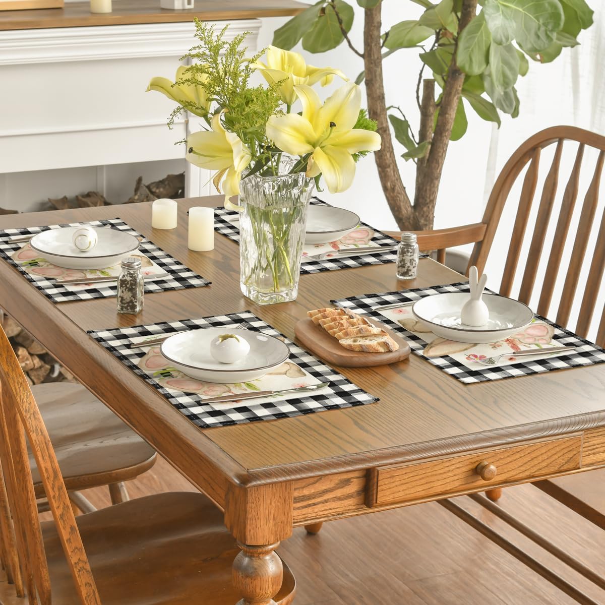 Buffalo Plaid Bunny Ear Foot Flower Easter Placemats Set of 4, 12x18 Inch Seasonal Spring Table Mats for Party Kitchen Dining Decoration