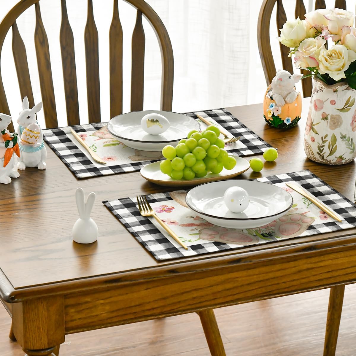 Buffalo Plaid Bunny Ear Foot Flower Easter Placemats Set of 4, 12x18 Inch Seasonal Spring Table Mats for Party Kitchen Dining Decoration