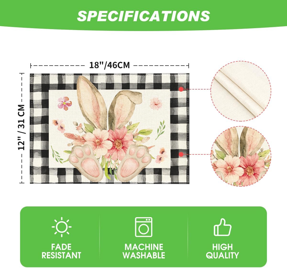 Buffalo Plaid Bunny Ear Foot Flower Easter Placemats Set of 4, 12x18 Inch Seasonal Spring Table Mats for Party Kitchen Dining Decoration