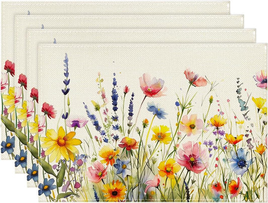 Daisy Lavender Floral Leaves Spring Placemats Set of 4,12x18 Inch Seasonal Spring Table Mats for Party Kitchen Dining Decoration