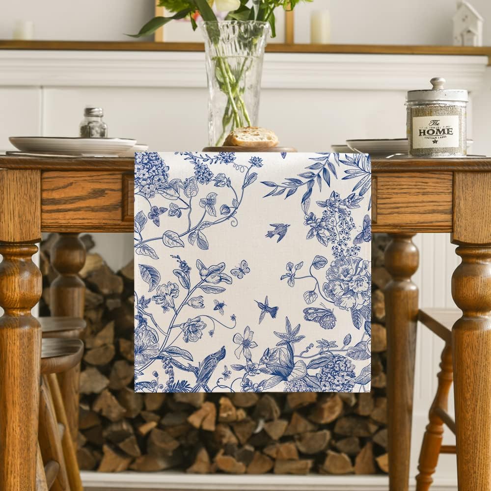 Monochrome Sketch Birds and Flowers Spring Table Runner, Seasonal Summer Fall Kitchen Dining Table Decoration for Home Party Decor 13x72 Inch