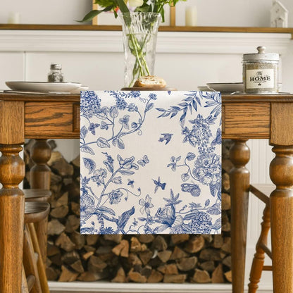 Monochrome Sketch Birds and Flowers Spring Table Runner, Seasonal Summer Fall Kitchen Dining Table Decoration for Home Party Decor 13x72 Inch