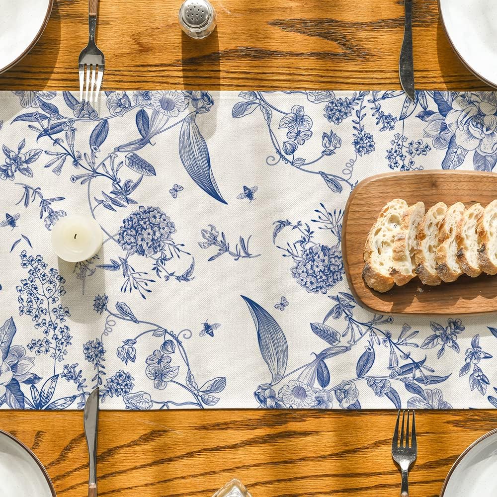 Monochrome Sketch Birds and Flowers Spring Table Runner, Seasonal Summer Fall Kitchen Dining Table Decoration for Home Party Decor 13x72 Inch