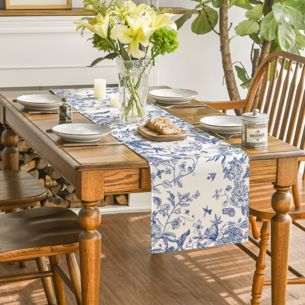 Monochrome Sketch Birds and Flowers Spring Table Runner, Seasonal Summer Fall Kitchen Dining Table Decoration for Home Party Decor 13x72 Inch