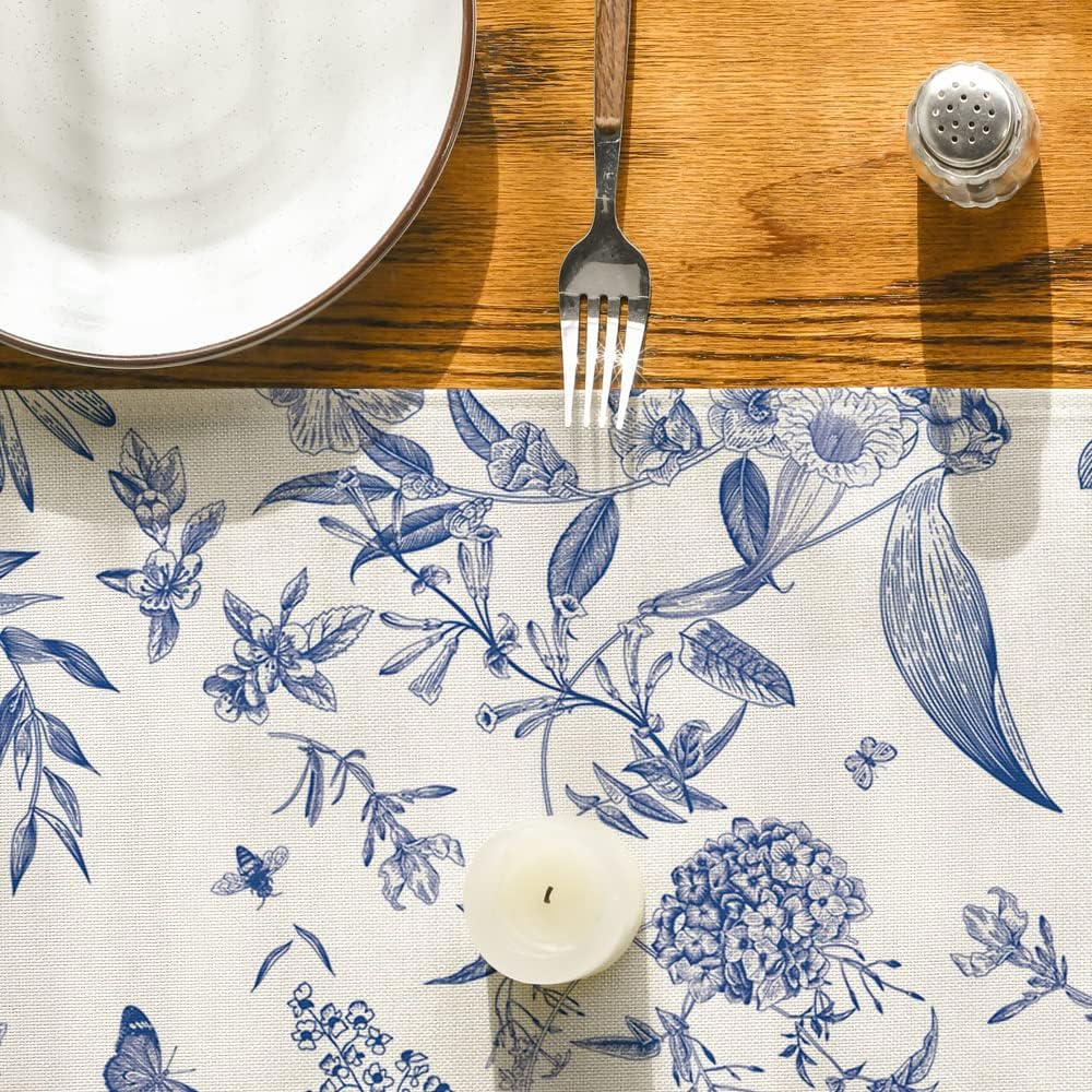 Monochrome Sketch Birds and Flowers Spring Table Runner, Seasonal Summer Fall Kitchen Dining Table Decoration for Home Party Decor 13x72 Inch