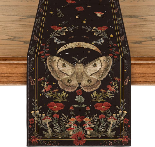 Poppy Moth Mushroom Moon Fall Table Runner, Seasonal Autumn Kitchen Dining Table Decoration for Home Party Decor 13x72 Inch