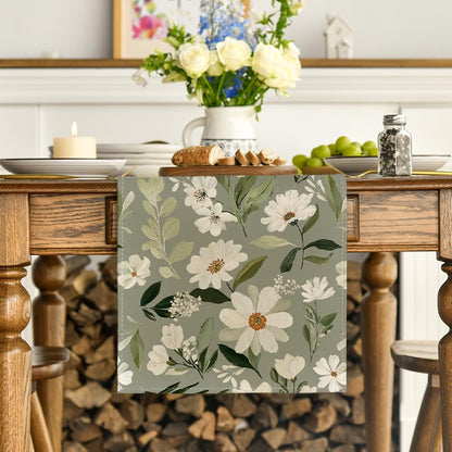 Olive Green Daisy Flowers 210 GSM Spring Table Runner, Seasonal Summer Kitchen Dining Table Decoration for Home Party Decor 13x72 Inch