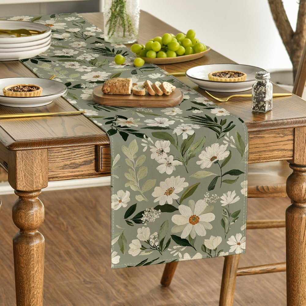 Olive Green Daisy Flowers 210 GSM Spring Table Runner, Seasonal Summer Kitchen Dining Table Decoration for Home Party Decor 13x72 Inch