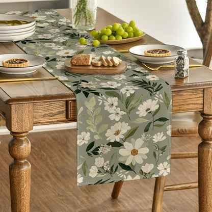 Olive Green Daisy Flowers 210 GSM Spring Table Runner, Seasonal Summer Kitchen Dining Table Decoration for Home Party Decor 13x72 Inch