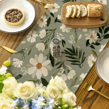 Olive Green Daisy Flowers 210 GSM Spring Table Runner, Seasonal Summer Kitchen Dining Table Decoration for Home Party Decor 13x72 Inch