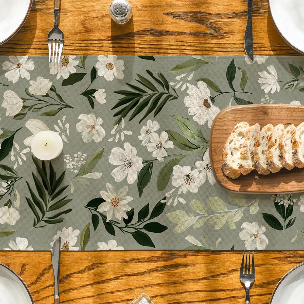 Olive Green Daisy Flowers 210 GSM Spring Table Runner, Seasonal Summer Kitchen Dining Table Decoration for Home Party Decor 13x72 Inch