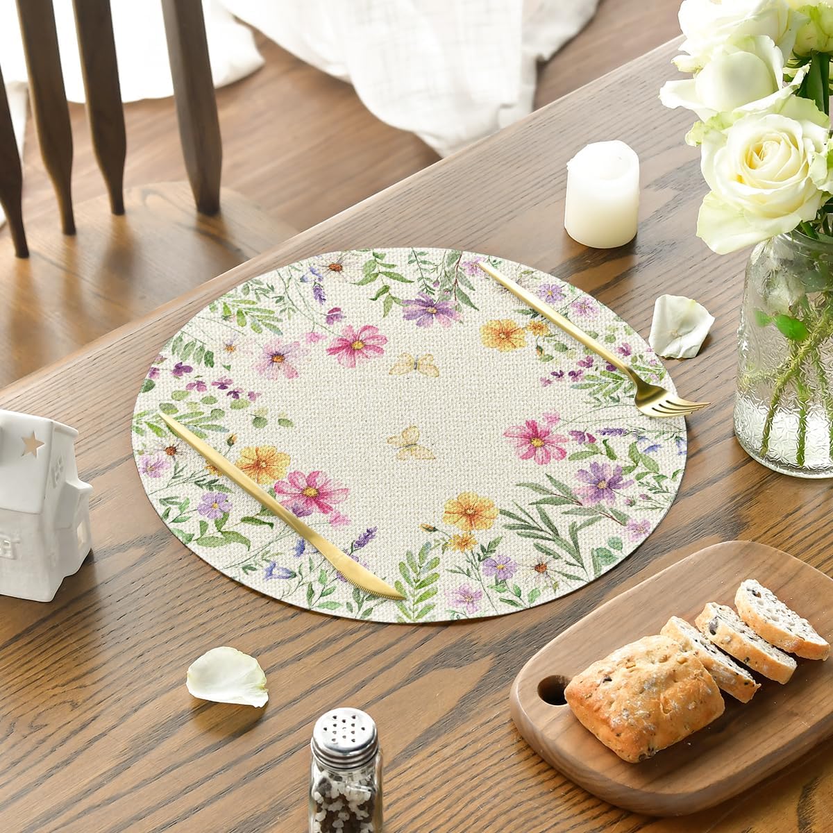 Floral Butterfly Summer Round Placemats Set of 4, 14 Inch Seasonal Spring Placemats for Party Kitchen Dining Summer Decoration