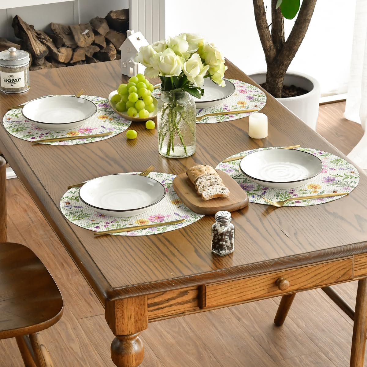 Floral Butterfly Summer Round Placemats Set of 4, 14 Inch Seasonal Spring Placemats for Party Kitchen Dining Summer Decoration