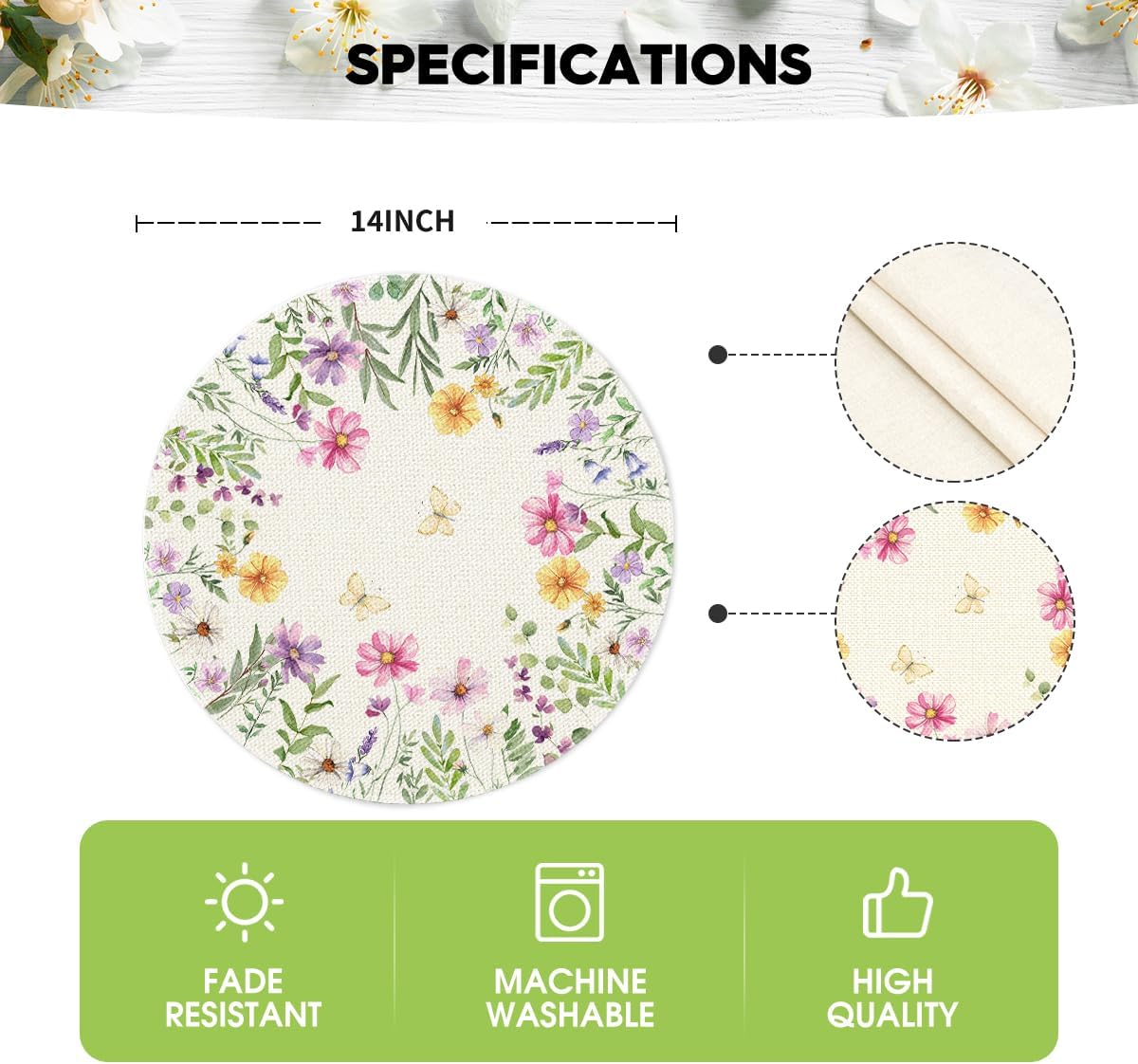 Floral Butterfly Summer Round Placemats Set of 4, 14 Inch Seasonal Spring Placemats for Party Kitchen Dining Summer Decoration