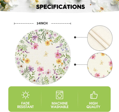 Floral Butterfly Summer Round Placemats Set of 4, 14 Inch Seasonal Spring Placemats for Party Kitchen Dining Summer Decoration