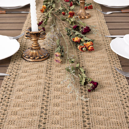 Boho Table Runner Valentine's Day Farmhouse Burlap Jute Bamboo Rustic Dining Kitchen Centerpiece Decor Small Macrame Woven Coffee Table Runner for Dresser Scarf Home Decor 12x36 inch