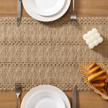 Boho Table Runner Valentine's Day Farmhouse Burlap Jute Bamboo Rustic Dining Kitchen Centerpiece Decor Small Macrame Woven Coffee Table Runner for Dresser Scarf Home Decor 12x36 inch