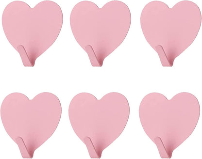 6 Pack Heart Shaped Decorative Wall Hooks, Stainless Steel Strong Adhesive Wall Hook for Home Kitchen Bathroom Office (Light Pink)