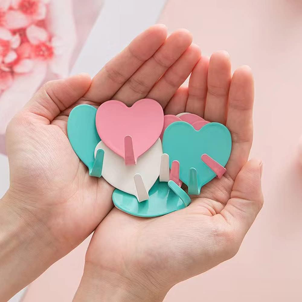 6 Pack Heart Shaped Decorative Wall Hooks, Stainless Steel Strong Adhesive Wall Hook for Home Kitchen Bathroom Office (Light Pink)