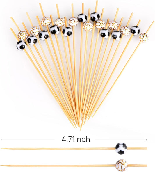 100 Pcs Soccer Toothpicks for Appetizers, 4.7 Inch Football Cocktail Picks for Party Decoration, Bamboo Appetizer Skewers for Charcuterie Sandwich Burgers Fruit Drinks Party (Black)