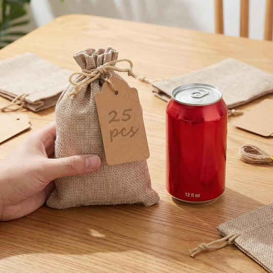 25PCS Small Burlap Gift Bags With Drawstring, 4x6 Inch Small Linen Sack Bags Jewelry Pouches for Wedding Party Favors DIY Crafts