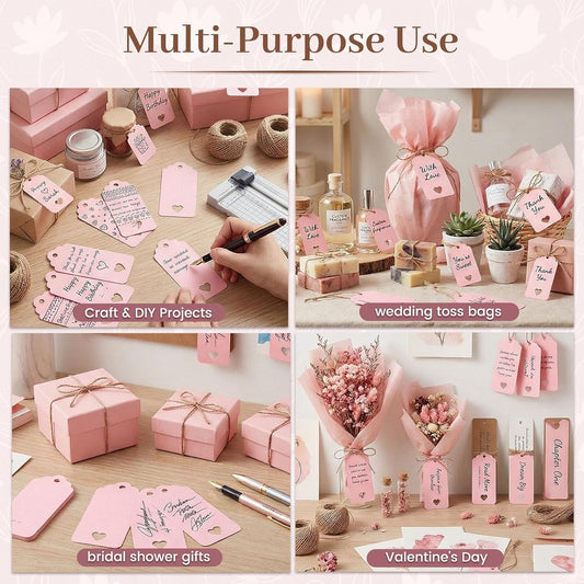 80PCS Gift Tags with String Attached, 3.5 x 1.5 Inches Pink Heart Gift Tags with String for Wedding, DIY Crafts