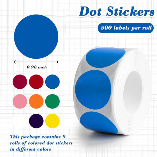 4500PCS Colored Dot Stickers, Round Sticker Labels in 9 Colors, Pricing Stickers Can Writing 1 Inch for Garage Sale Yard Sale Office Supplies Classroom Must Haves Decor, 500 Labels/Roll
