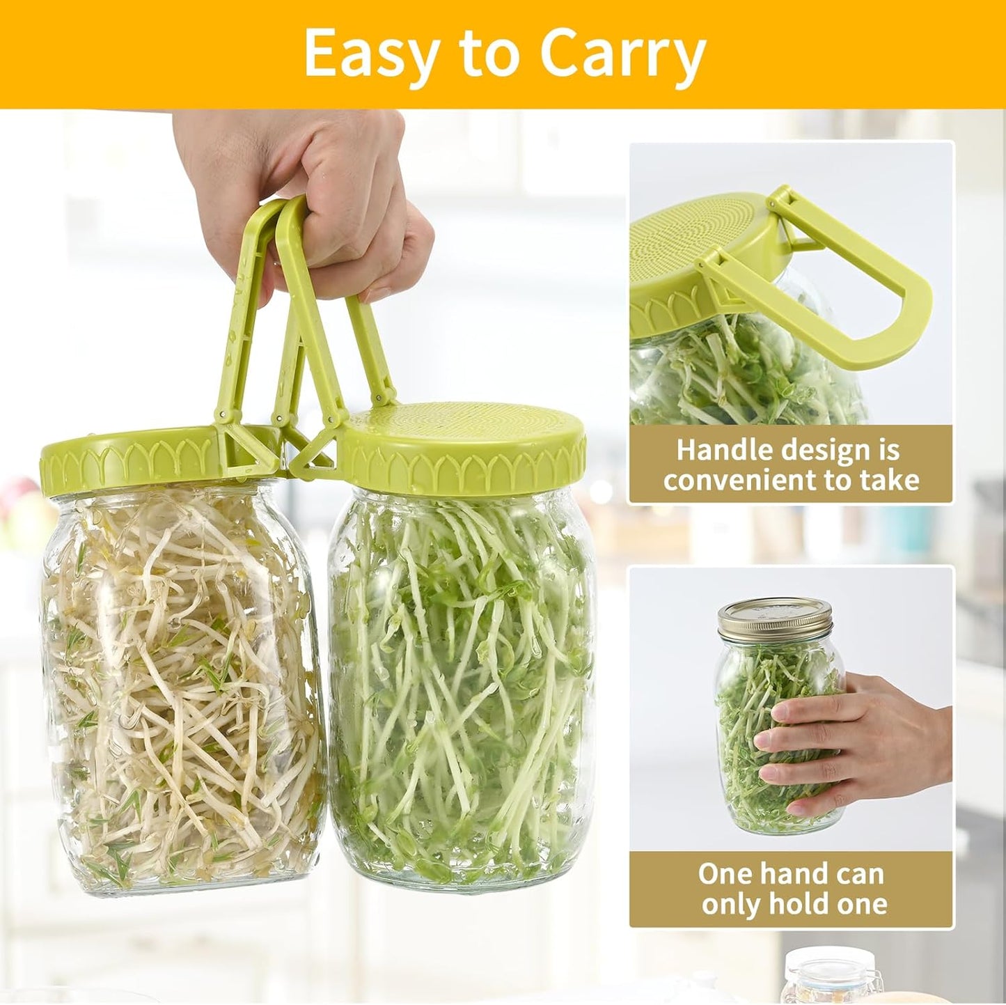 Sprouting Kit for Wide Mouth Mason Jars, 2-Pack BPA-Free One-Piece Sprouting Lids with Built-In Stand, Seed Germination Jar Sprouter Lid, Fits Wide Mouth Jars (3.38"/86mm)
