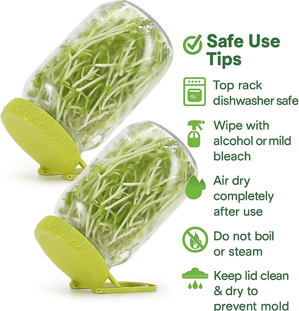 Sprouting Kit for Wide Mouth Mason Jars, 2-Pack BPA-Free One-Piece Sprouting Lids with Built-In Stand, Seed Germination Jar Sprouter Lid, Fits Wide Mouth Jars (3.38"/86mm)