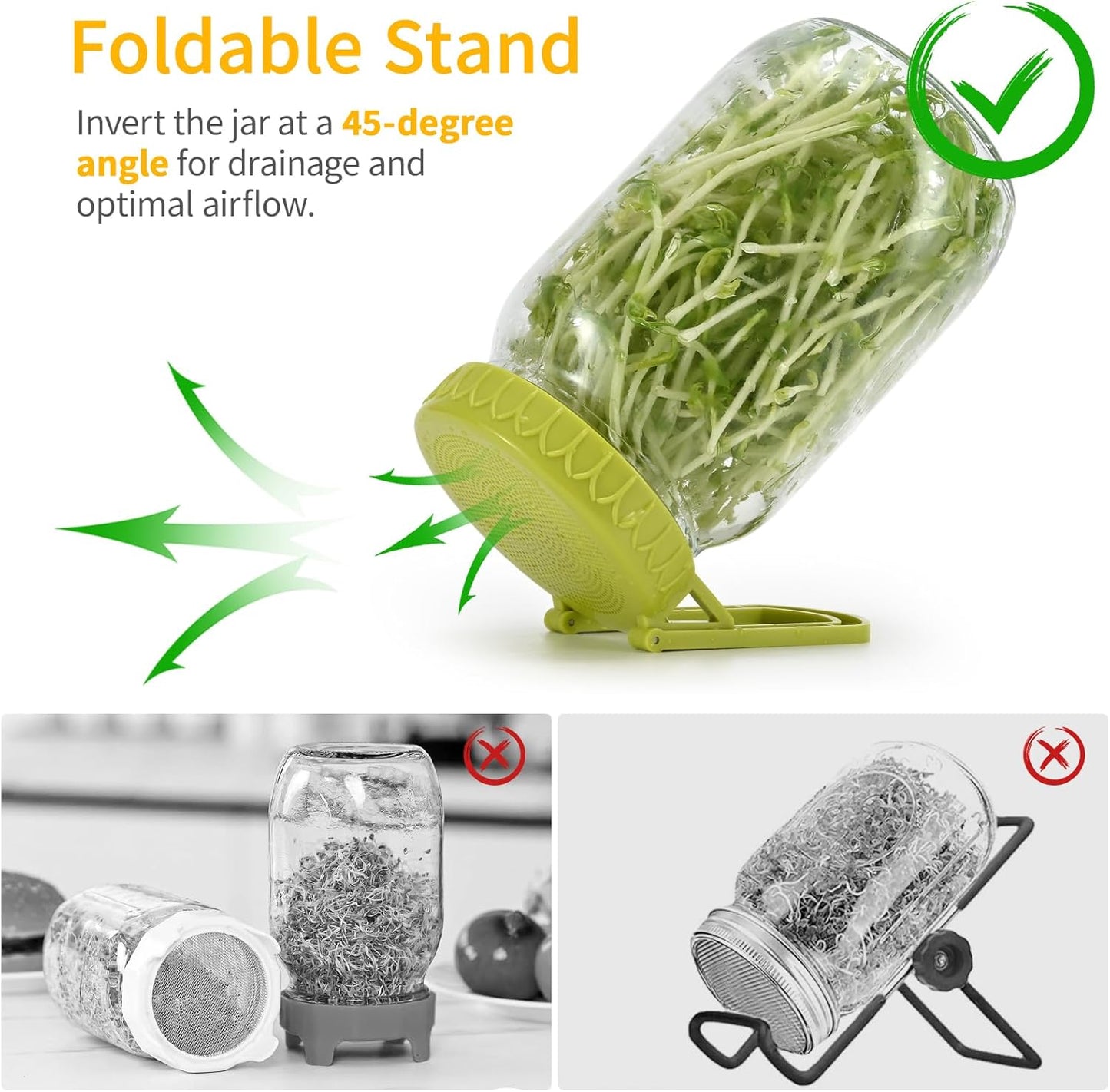 Sprouting Kit for Wide Mouth Mason Jars, 2-Pack BPA-Free One-Piece Sprouting Lids with Built-In Stand, Seed Germination Jar Sprouter Lid, Fits Wide Mouth Jars (3.38"/86mm)