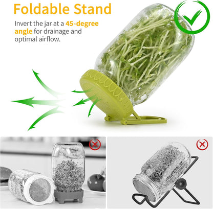 Sprouting Kit for Wide Mouth Mason Jars, 2-Pack BPA-Free One-Piece Sprouting Lids with Built-In Stand, Seed Germination Jar Sprouter Lid, Fits Wide Mouth Jars (3.38"/86mm)