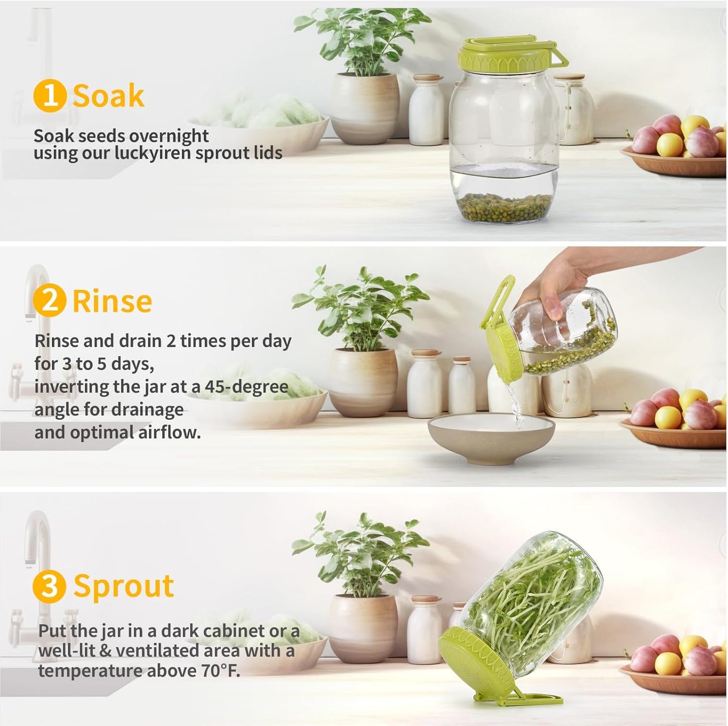 Sprouting Kit for Wide Mouth Mason Jars, 2-Pack BPA-Free One-Piece Sprouting Lids with Built-In Stand, Seed Germination Jar Sprouter Lid, Fits Wide Mouth Jars (3.38"/86mm)