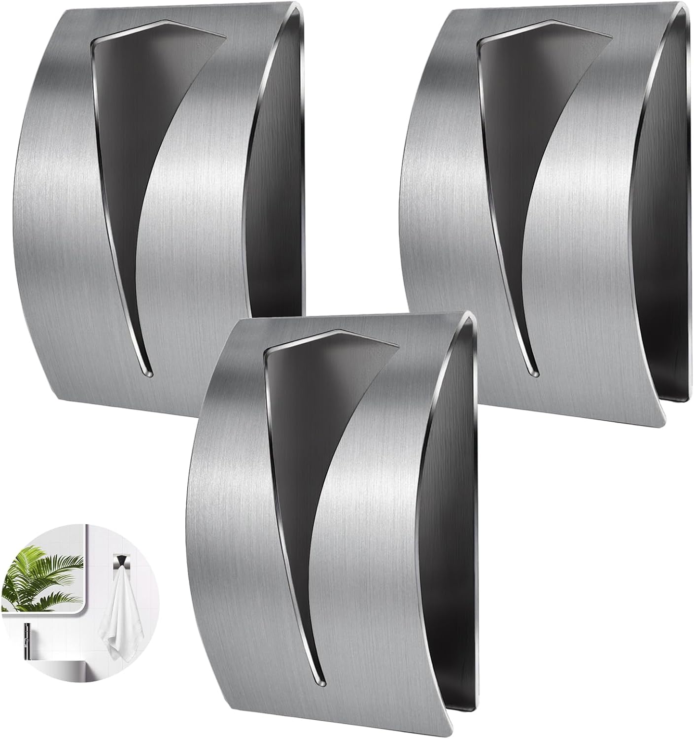 3 Pack Stainless Steel Kitchen Towel Hooks for Shower Wall Bathroom Self Adhesive Dish Towel Holder Hangers for Tea Cabinet Door Rag Grabber (Silver)