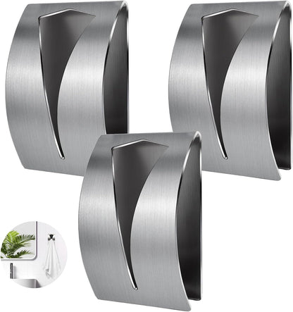 3 Pack Stainless Steel Kitchen Towel Hooks for Shower Wall Bathroom Self Adhesive Dish Towel Holder Hangers for Tea Cabinet Door Rag Grabber (Silver)