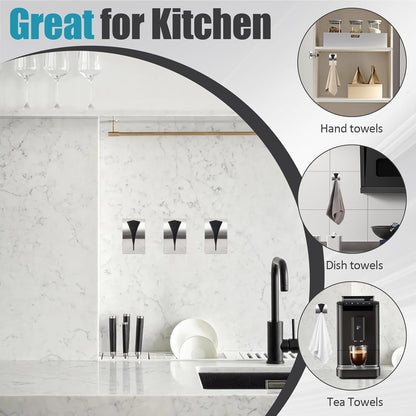 3 Pack Stainless Steel Kitchen Towel Hooks for Shower Wall Bathroom Self Adhesive Dish Towel Holder Hangers for Tea Cabinet Door Rag Grabber (Silver)