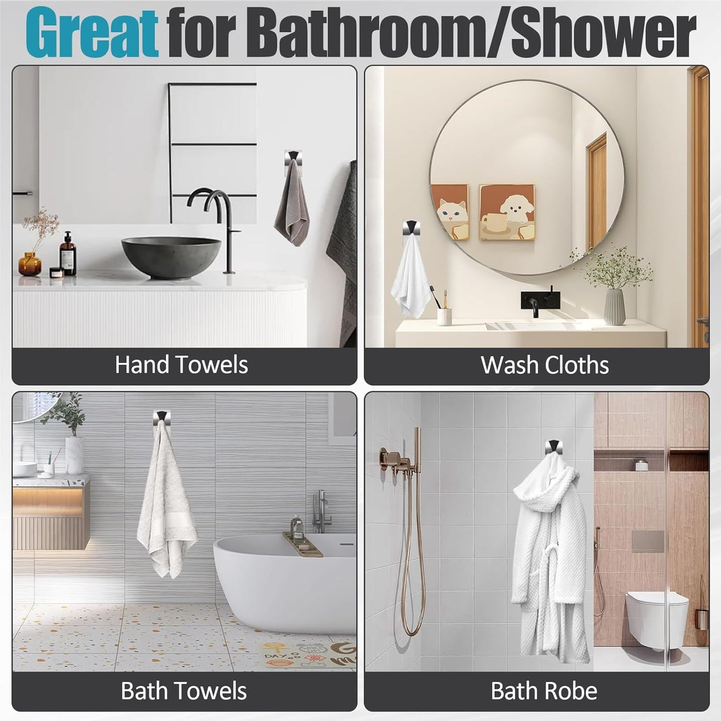 3 Pack Stainless Steel Kitchen Towel Hooks for Shower Wall Bathroom Self Adhesive Dish Towel Holder Hangers for Tea Cabinet Door Rag Grabber (Silver)